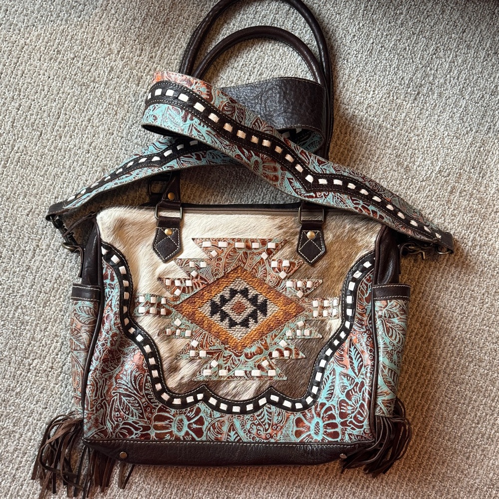 Boho Embroidered Leather & Haircalf Tote in Brown Cream Aqua